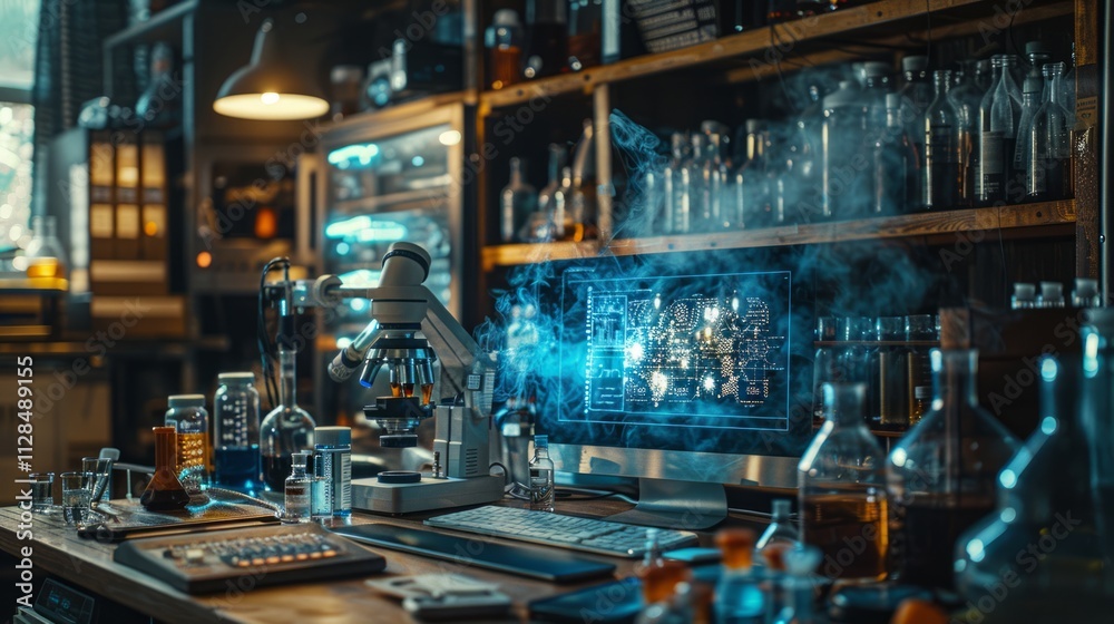 Modern laboratory interior with microscope, computer, and chemical glassware; mysterious blue smoke effect. Modern laboratory interior with microscope, computer, and chemical glassware; mysterious blue smoke effect.