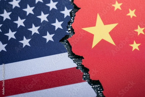 Rift between usa and china flags highlighting technological conflict