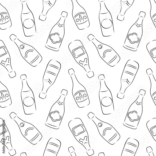 Seamless pattern with champagne and wine bottles silhouette. 