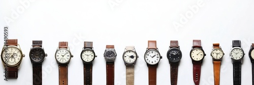 A diverse collection of wristwatches laid out neatly, featuring various designs and bands on a clean, bright surface. Generative AI photo