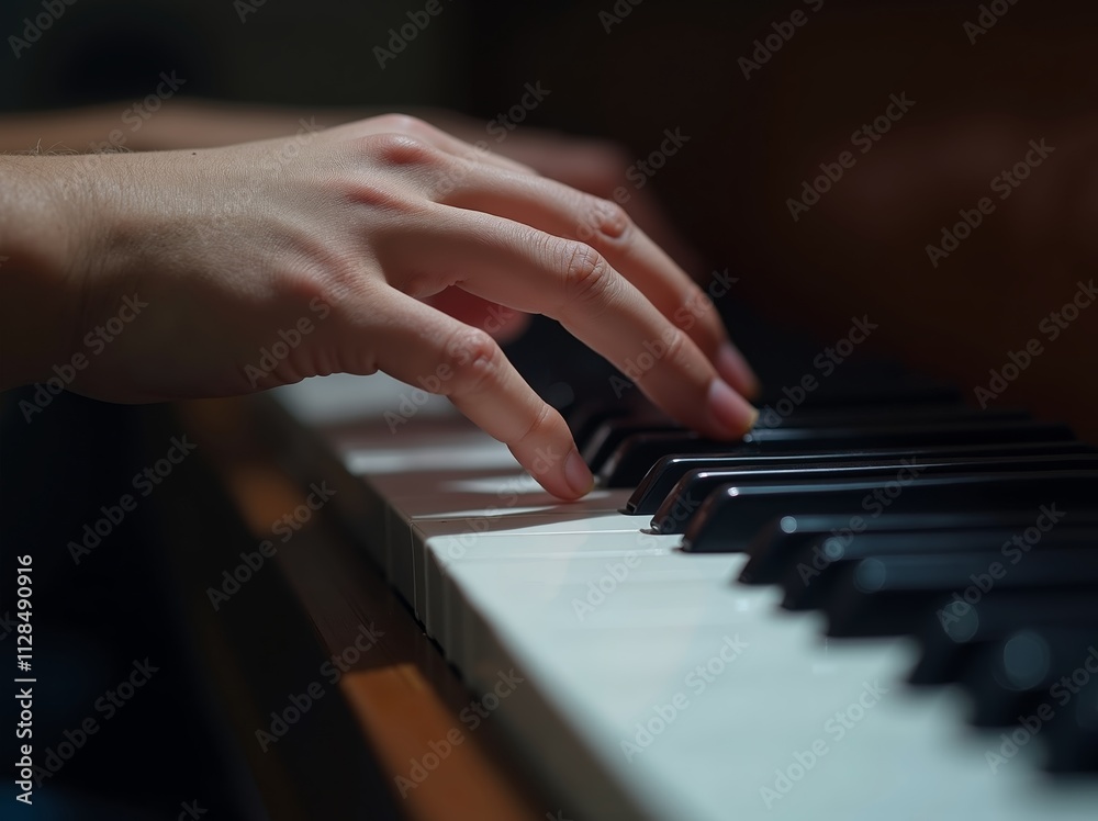 Fingers gracefully dance across piano keys in a dimly lit room during an intimate evening of musical expression and creativity Fingers gracefully dance across piano keys in a dimly lit room during an intimate evening of musical expression and creativity
