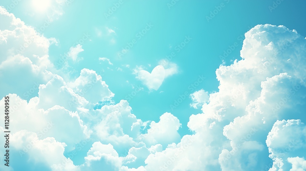 Bright sky with fluffy white clouds and a heart shaped cloud evoking serenity and happiness Bright sky with fluffy white clouds and a heart shaped cloud evoking serenity and happiness