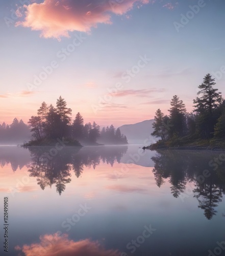 Soft pastel colors of dawn reflected in still lake under a dreamy sky, dawn sky, peaceful setting, calm reflection