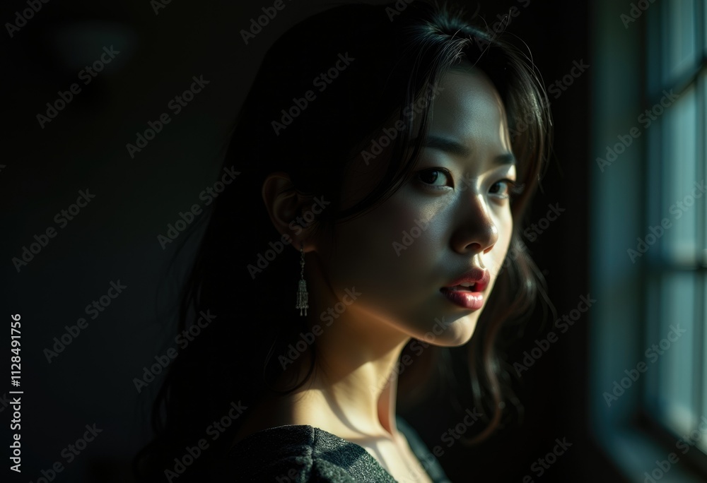A woman with dark hair looks out a window with a serious expression. A woman with dark hair looks out a window with a serious expression.