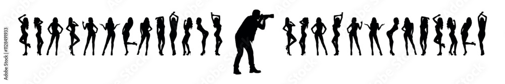 Male photographer with group sexy women posing and standing in row black silhouettes on white background. Male photographer with group sexy women posing and standing in row black silhouettes on white background.