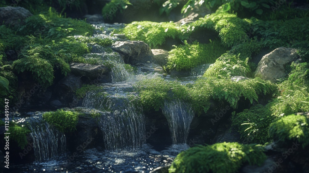 Serene Cascading Water Over Mossy Rocks Serene Cascading Water Over Mossy Rocks