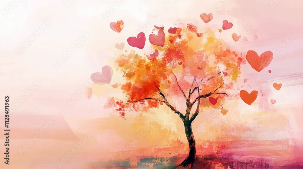 A vibrant tree with autumn-colored leaves and floating hearts, symbolizing love and nature. Perfect for romantic designs, Valentine's Day, or inspirational art A vibrant tree with autumn-colored leaves and floating hearts, symbolizing love and nature. Perfect for romantic designs, Valentine's Day, or inspirational art