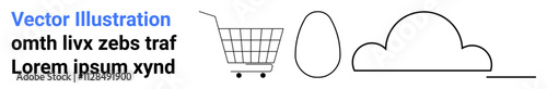 Shopping cart, single egg, and cloud outline. Ideal for retail, food industry, weather apps, agriculture, educational materials, advertisements, websites, and infographics. Banner for landing page