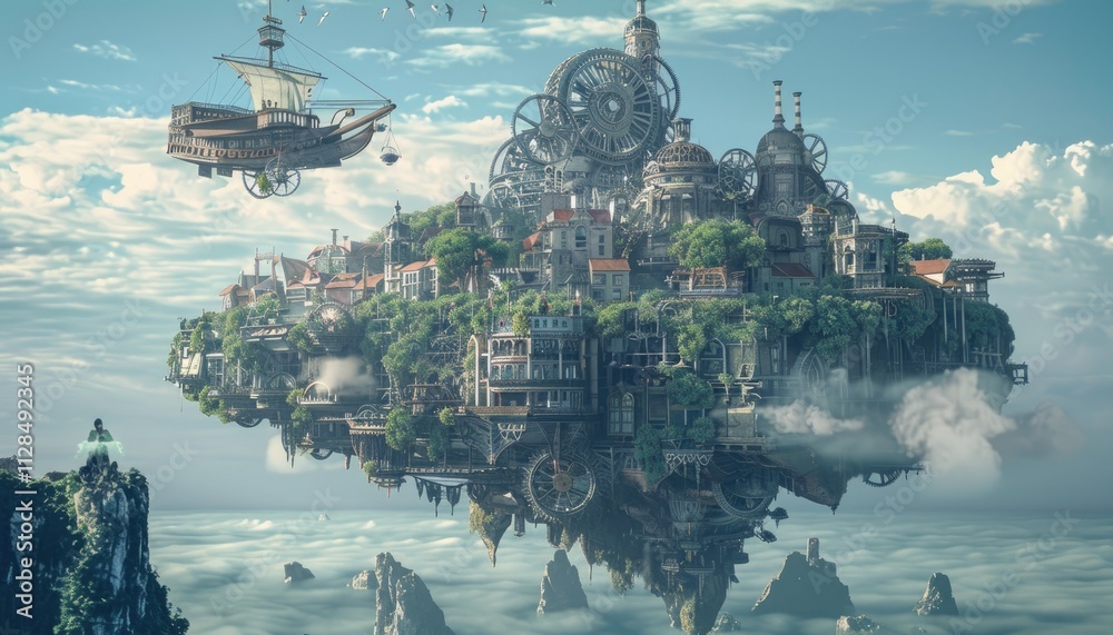A Floating City Above Clouds With Airship A Floating City Above Clouds With Airship
