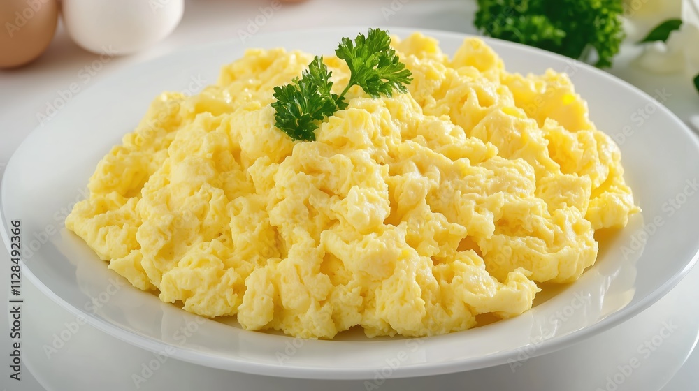 Fluffy scrambled eggs served on a white plate placed on a white table Fluffy scrambled eggs served on a white plate placed on a white table
