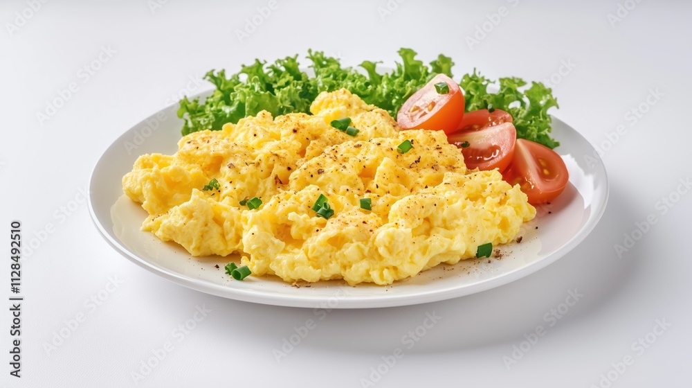 Fluffy scrambled eggs served on a white plate placed on a white table Fluffy scrambled eggs served on a white plate placed on a white table
