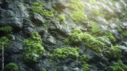 Green Moss Growing On Dark Rocky Surface