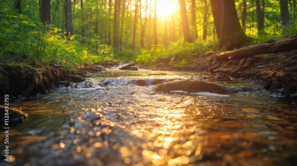 Golden Sunlight Illuminates Forest Stream Golden Sunlight Illuminates Forest Stream