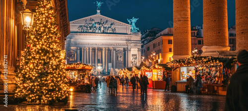 Fototapeta Naklejka Na Ścianę i Meble -  Christmas market illuminating piazza colonna in rome at twilight