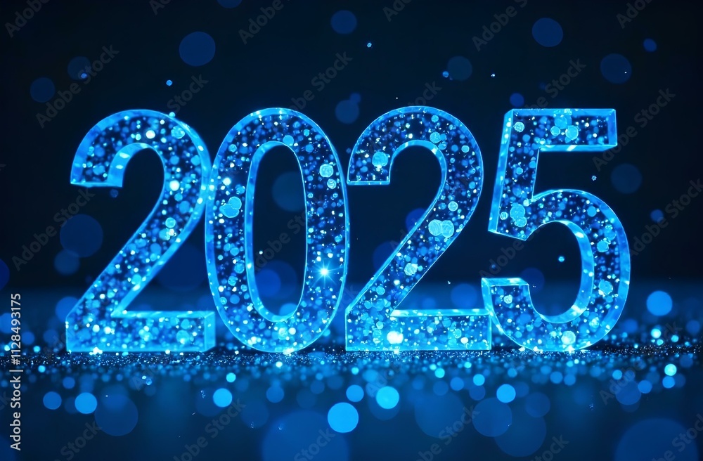Bright 2025 numbers with a glittering design, glowing blue bokeh effects, on a dark background, symbolizing celebration and festivity Bright 2025 numbers with a glittering design, glowing blue bokeh effects, on a dark background, symbolizing celebration and festivity