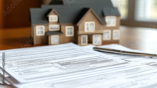 House model and paperwork on desk.