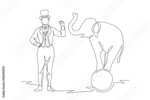 Circus host and elephant on ball. Night market concept one-line drawing