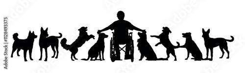 Man sitting on wheelchair playing his dogs vector silhouette.