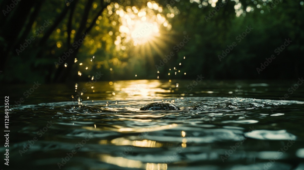 Sunlit Stone Dropping Into Calm Forest River Water Sunlit Stone Dropping Into Calm Forest River Water