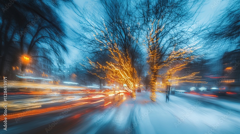 A stunning winter tableau unfolds on a snowy city street on Christmas Eve. Illuminated trees cast a warm glow, their branches laden with festive decorations A stunning winter tableau unfolds on a snowy city street on Christmas Eve. Illuminated trees cast a warm glow, their branches laden with festive decorations