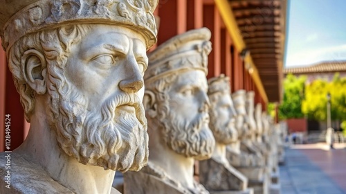 row of marble statues with weathered faces, soft light casting dramatic shadows, atmosphere filled with history and secrets of ancient empires