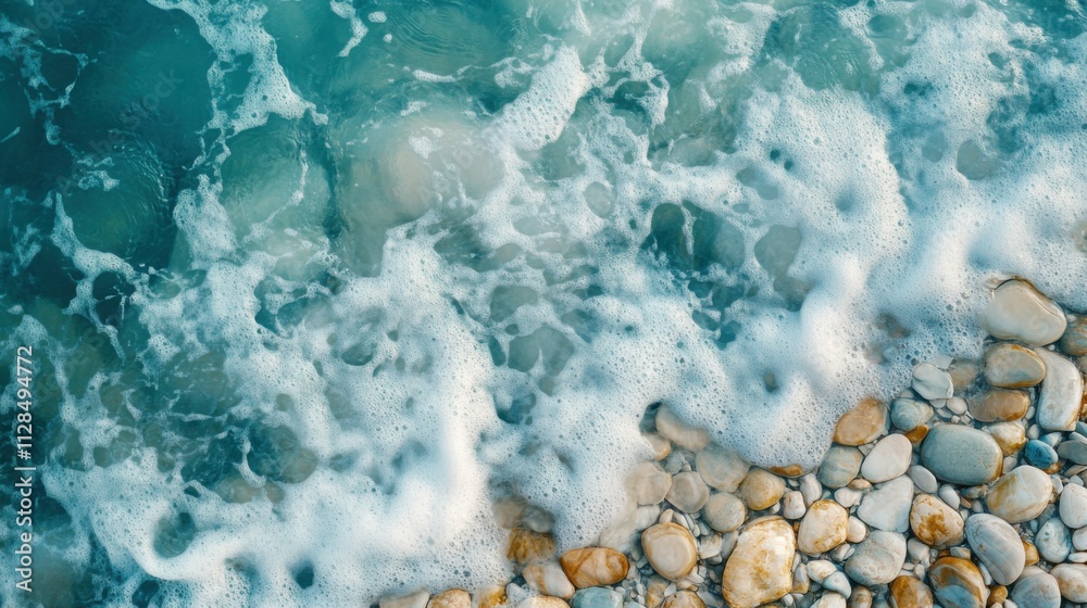 Obraz premium Clear ocean waves gently washing over smooth pebbles on shore, creating peaceful and calming coastal atmosphere.