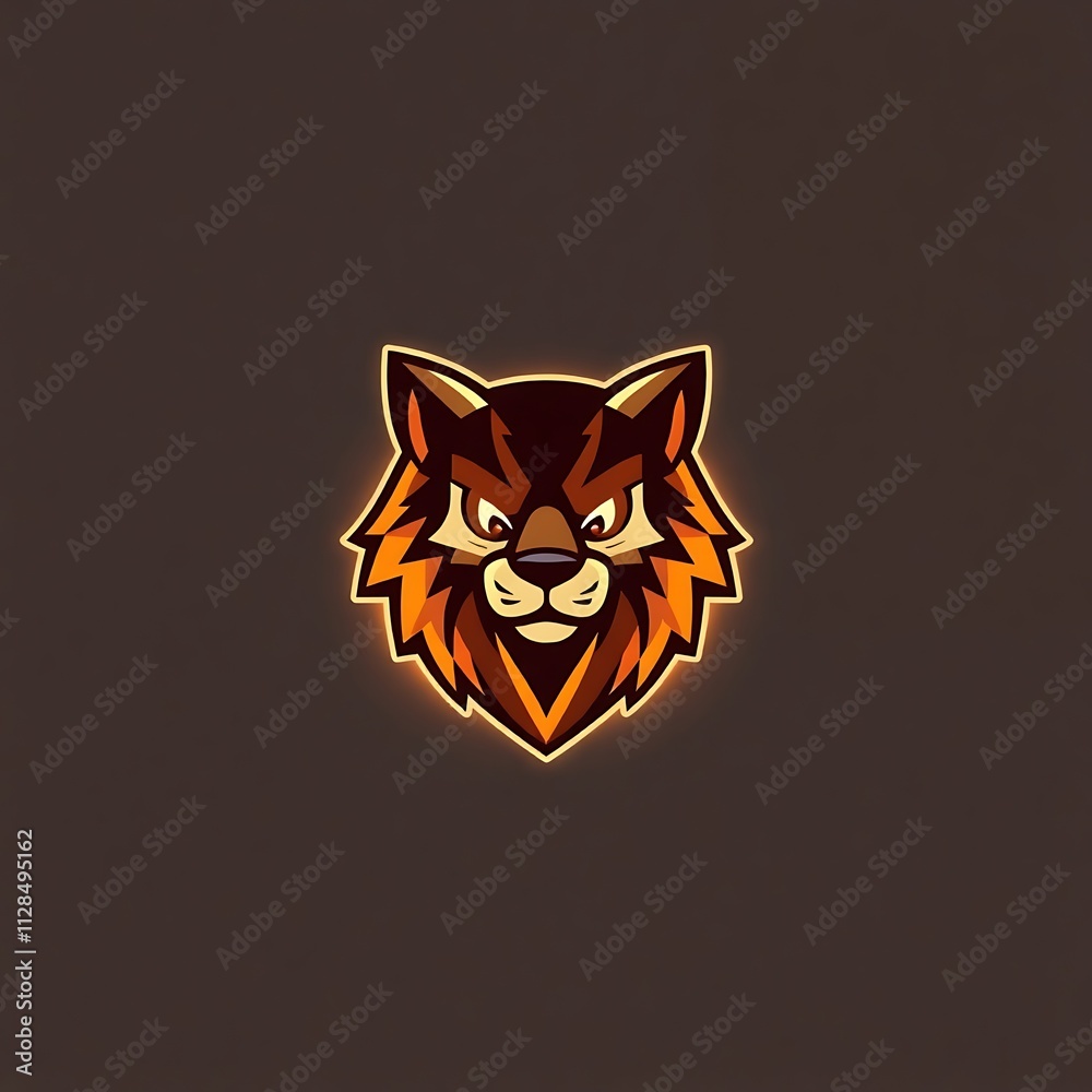 Obraz premium Fiery Wolf Mascot Logo: A bold and powerful wolf mascot logo, rendered in a fiery orange and brown color scheme, evokes a sense of intensity and strength.
