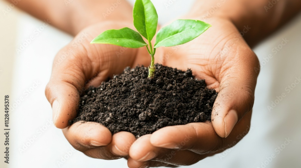 hand holding small plant, eco-friendly concept, sustainable living, nature connection, growth and care, isolated on white, soft light, earthy tones hand holding small plant, eco-friendly concept, sustainable living, nature connection, growth and care, isolated on white, soft light, earthy tones