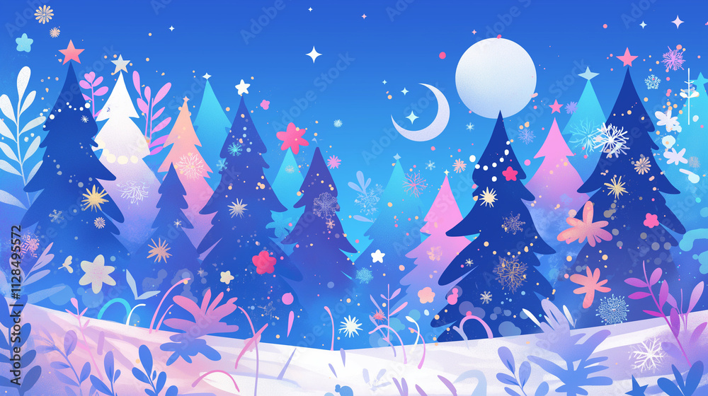 Christmas night scenery, colorful Christmas Eve, winter night landscape, christmas background with snowflakes Christmas night scenery, colorful Christmas Eve, winter night landscape, christmas background with snowflakes