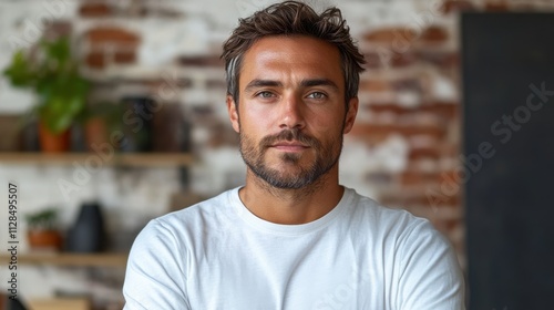 man on a white background with a black t shirt design mocku