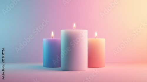 Three colored candles arranged in a serene setup; isolated background replaced with pastel gradient.