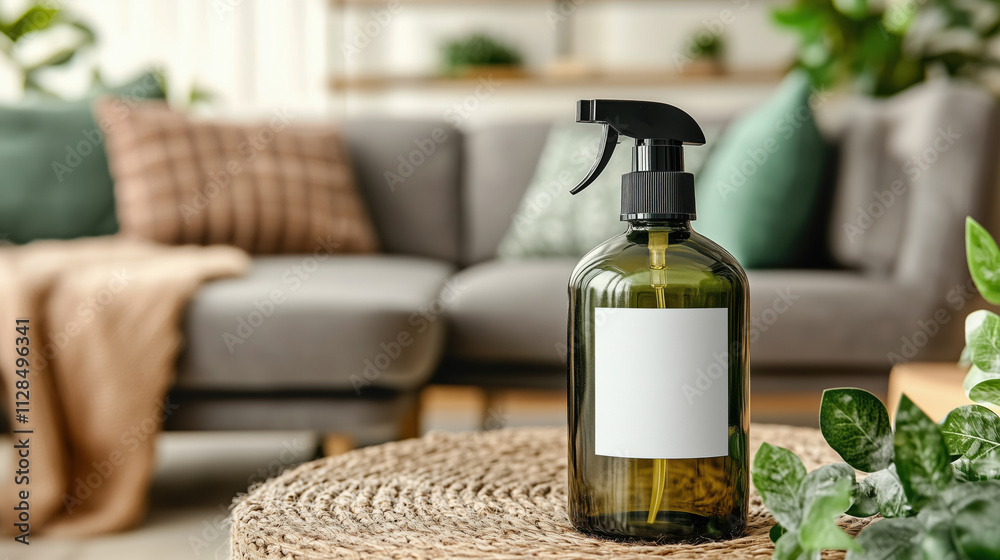 sleek green spray bottle on table in cozy living room setting. mockup sleek green spray bottle on table in cozy living room setting. mockup