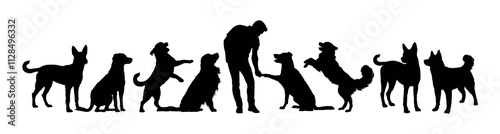Man playing with group of dogs black silhouettes set on white background.