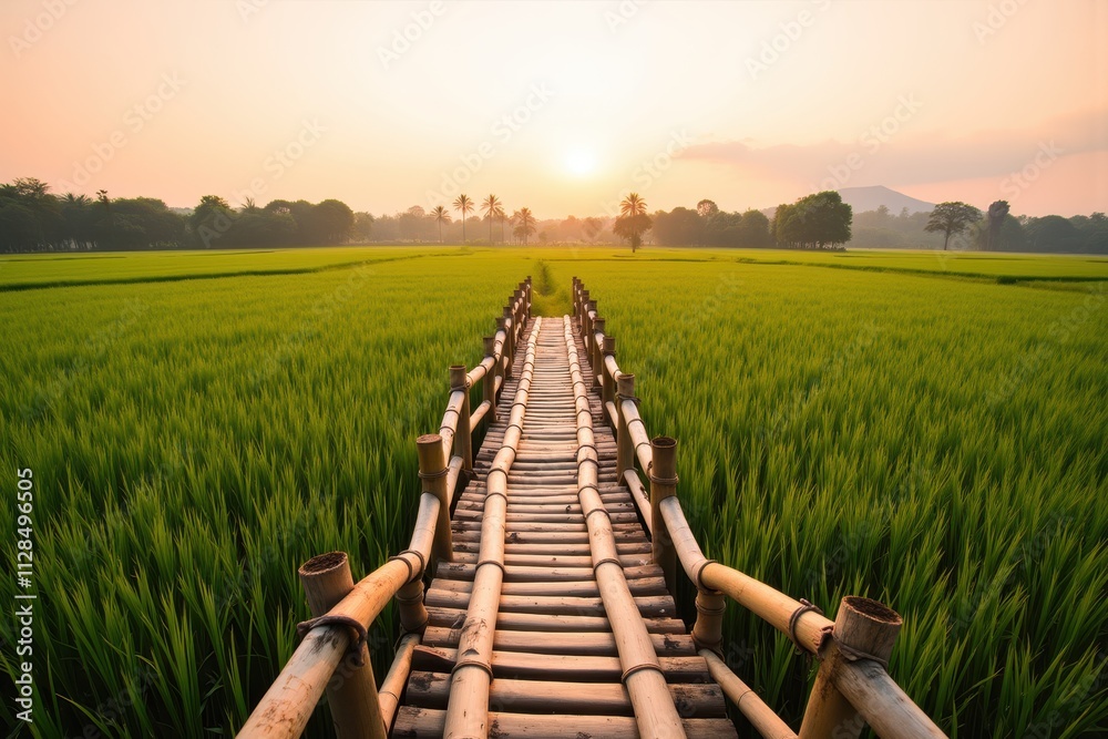 Fototapeta premium Serene Bamboo Bridge at Sunrise Over Lush Green Rice Fields in Tranquil Scenery Capturing Nature's Beauty and Calm Atmosphere in Rural Landscape