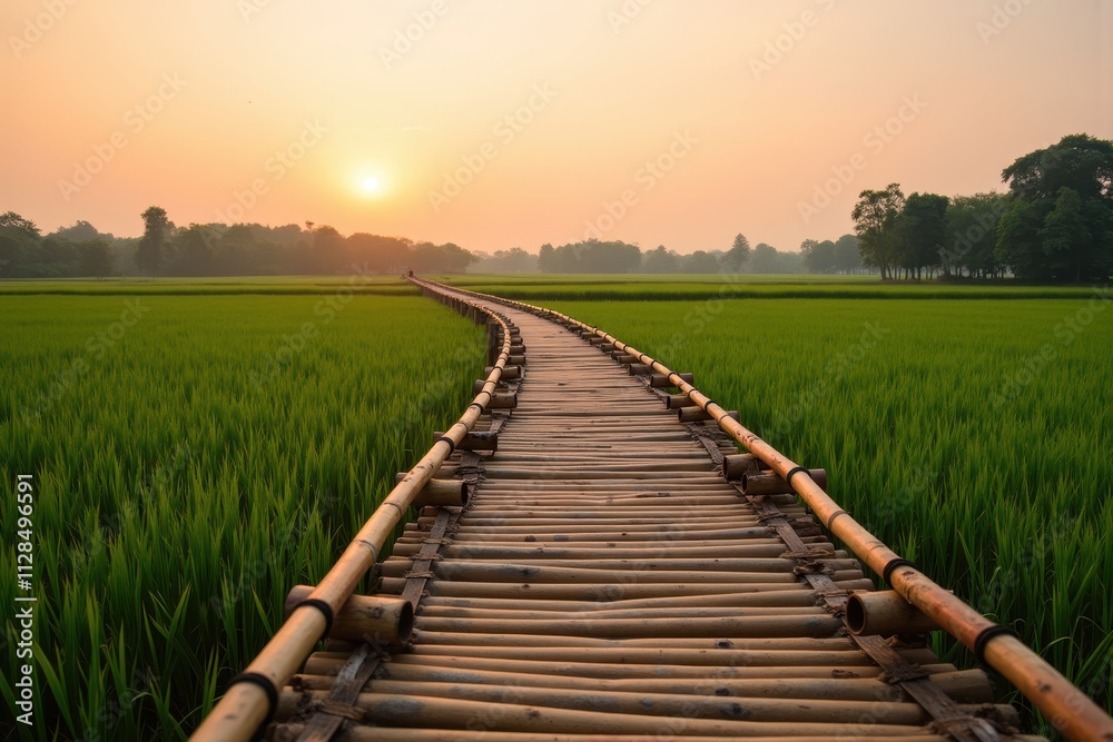 Obraz premium Serene Bamboo Bridge at Sunrise Amidst Lush Green Rice Fields with Scenic Landscape and Soft Warm Light Illuminating the Horizon