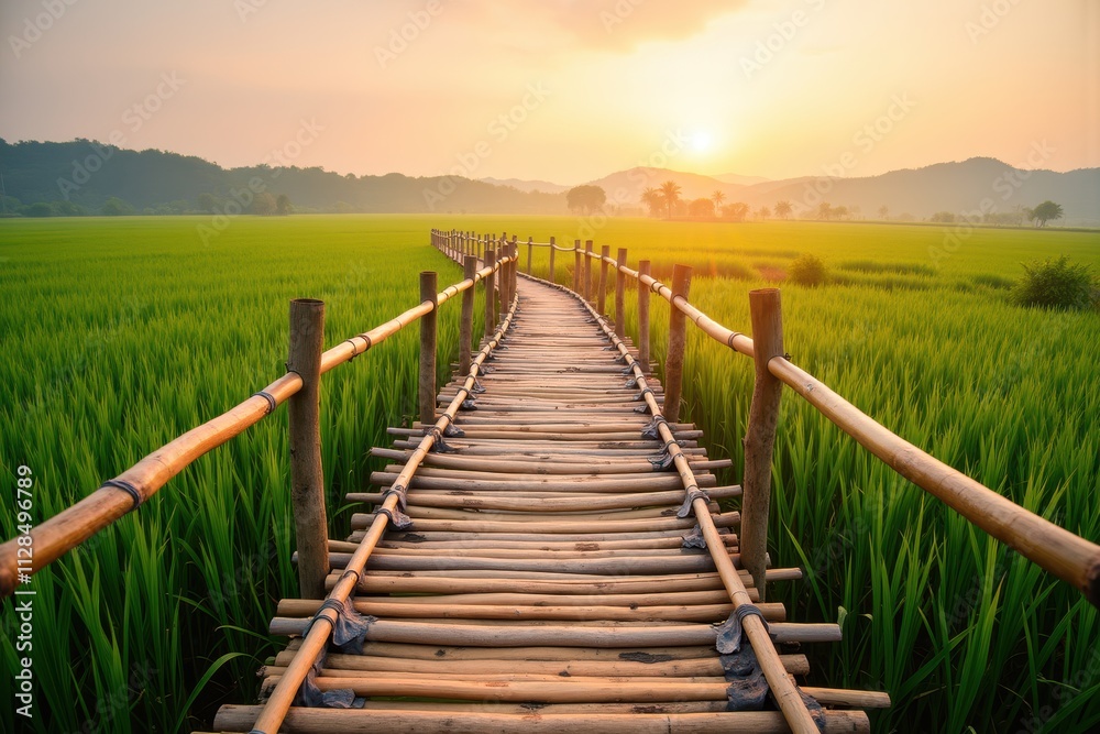 Obraz premium Scenic Bamboo Bridge Over Lush Green Rice Field at Sunset, Capturing the Tranquility of Rural Landscapes and Natural Beauty in a Serene Environment