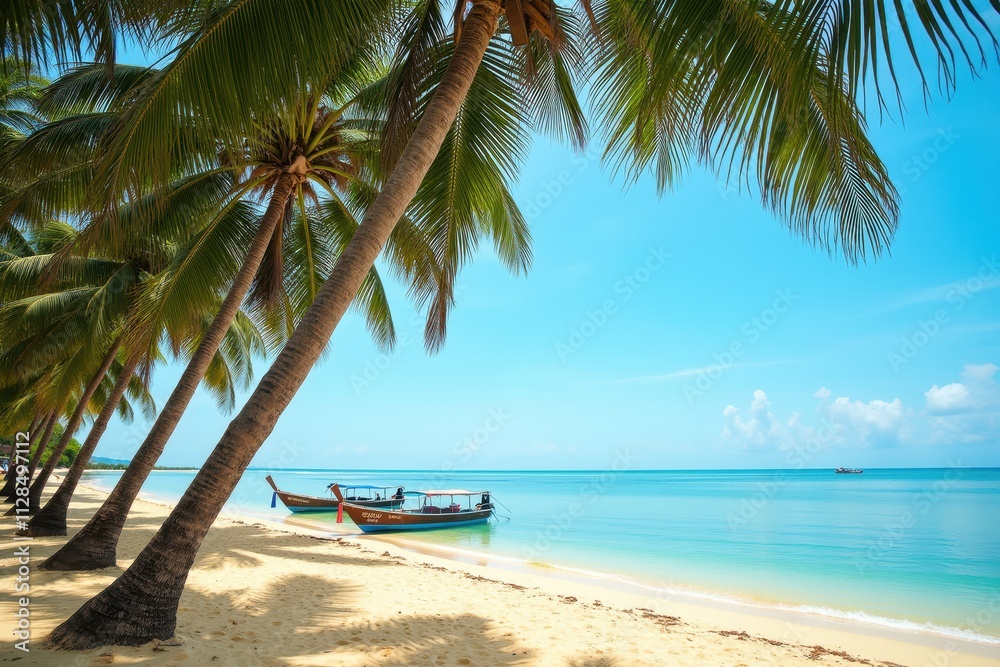 Serene Tropical Beach Scene with Tall Coconut Trees and Tranquil Waters Under Clear Blue Sky, Perfect for Vacation or Travel Themes Serene Tropical Beach Scene with Tall Coconut Trees and Tranquil Waters Under Clear Blue Sky, Perfect for Vacation or Travel Themes
