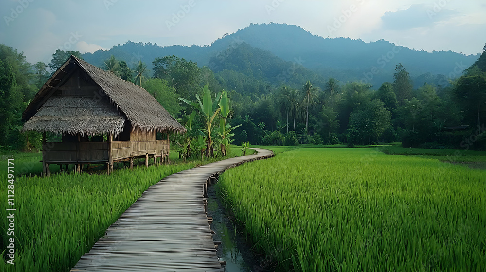 Wooden Path Leads to Hut in Rice Paddy Wooden Path Leads to Hut in Rice Paddy