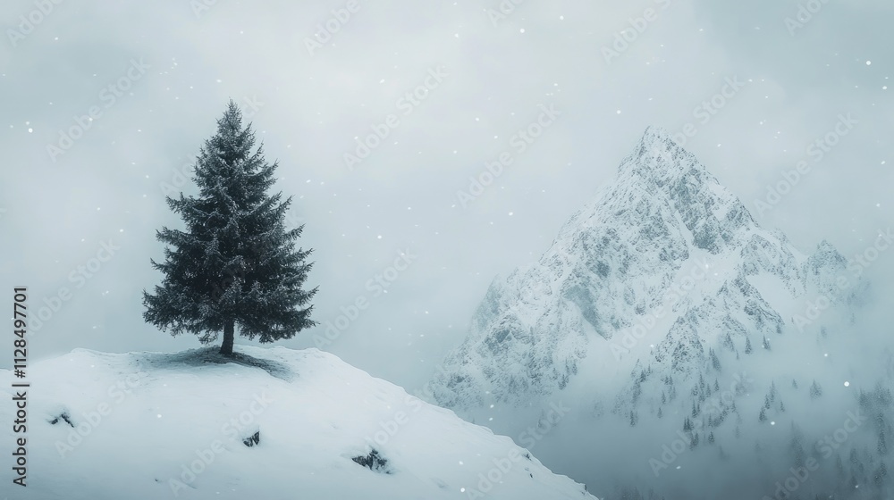 Obraz premium Lone tree on snowy hilltop, majestic mountain background, winter scene.