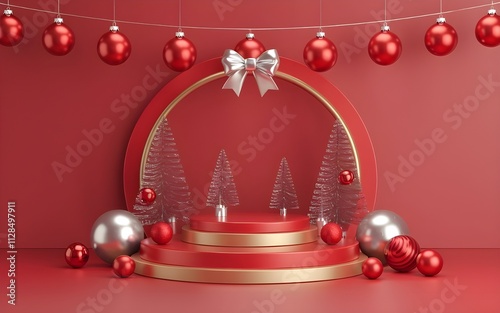 Realistic red 3D round podium christmas background with neon ball and christmas tree wall scene. Minimal mockup abstract product display presentation, Stage showcase. Platforms vector geometric design