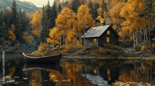 Rustic log cabin nestled among golden autumn aspens beside tranquil mountain lake, with wooden canoe at shore and warm glowing windows reflecting in still waters