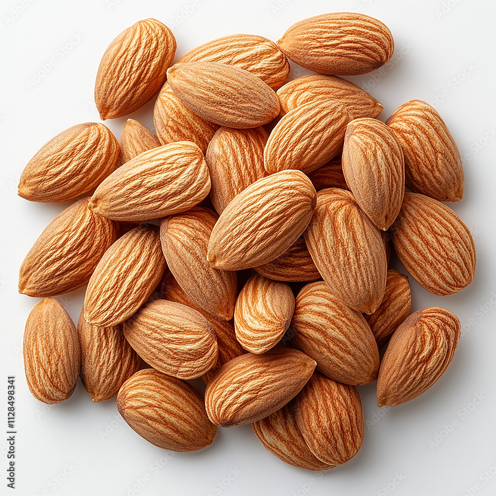 Fototapeta premium Almonds with leaves isolated on a white background, Almond nuts in white bowl isolated on a beige background. Minimal flat lay style. Top view, copy space.