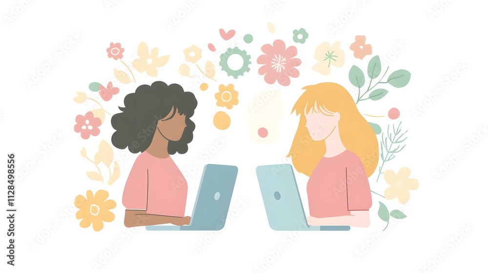 Two women working together on a laptop, a simple flat vector illustration with a white background and minimalistic design Two women working together on a laptop, a simple flat vector illustration with a white background and minimalistic design
