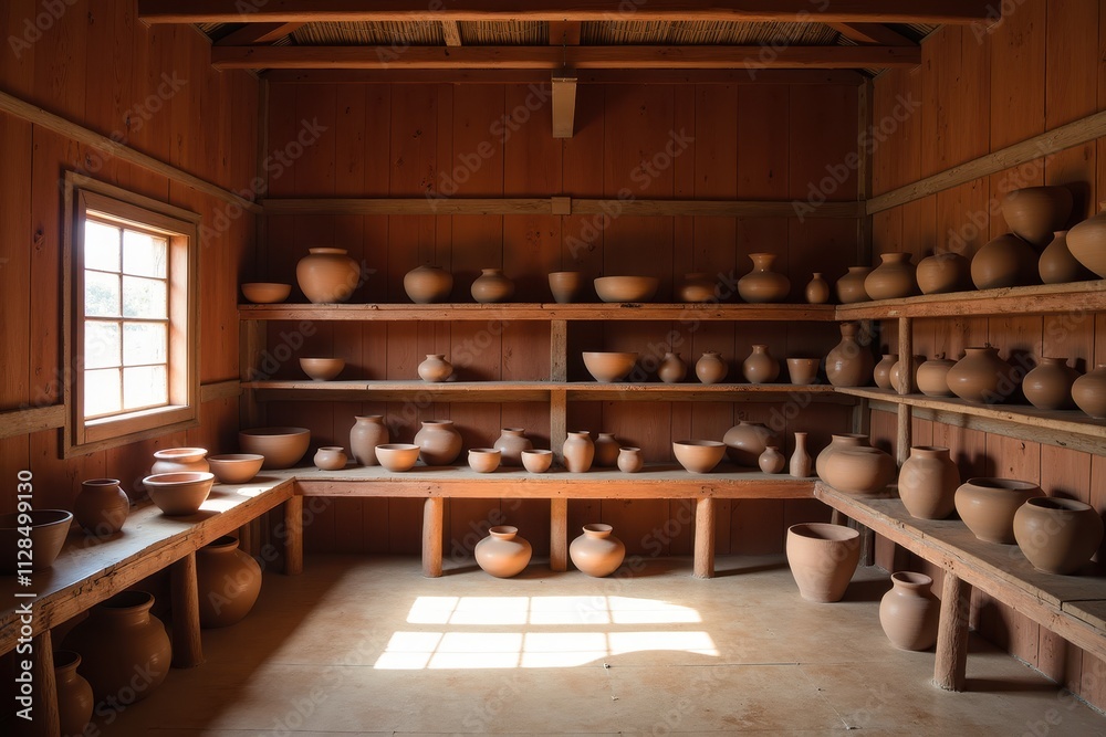 Authentic pottery workshop with handcrafted clay pots displayed on wooden shelves, showcasing natural light filtering through a window, capturing the essence of traditional craft. Authentic pottery workshop with handcrafted clay pots displayed on wooden shelves, showcasing natural light filtering through a window, capturing the essence of traditional craft.