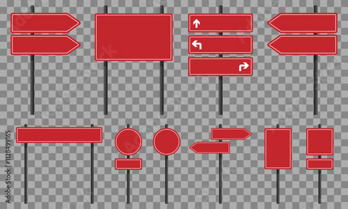 Set of red road signs on black poles. Blank signs for customized text or symbols. Vector illustration, EPS10