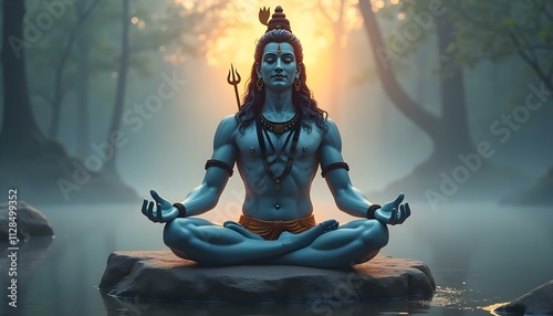 Lord Shiva in a serene meditation at jungle.