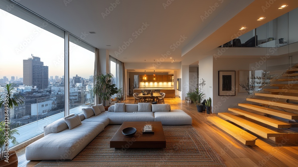 modern apartment with a large living room that leads to the ceilin modern apartment with a large living room that leads to the ceilin
