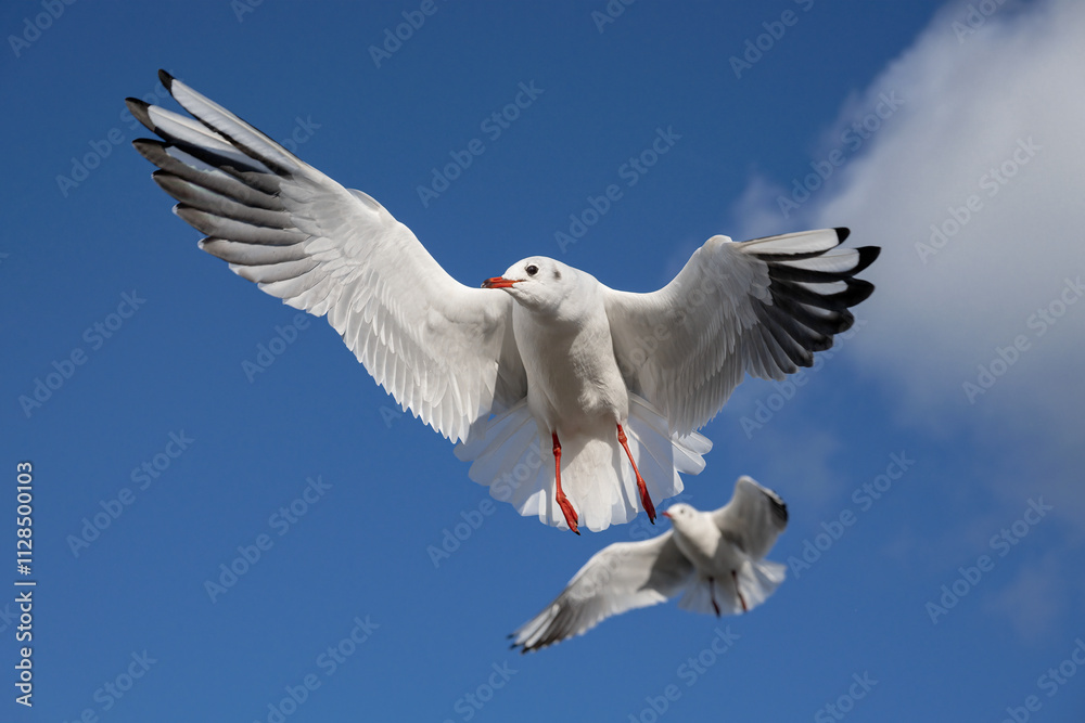 Obraz premium Black headed Gull, Larus ridibundus, winter plumage adult birds in flight