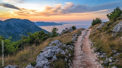 Serene mountain path at sunset with lush greenery and a distant sea view.