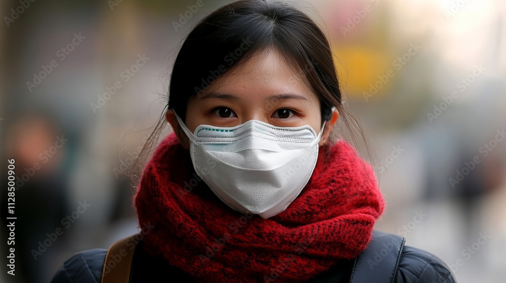An Asian woman travels to work wearing an N95 mask to protect herself from dust and air pollution. An Asian woman travels to work wearing an N95 mask to protect herself from dust and air pollution.